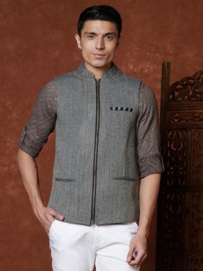 Grey Wool Slim Fit Gilet